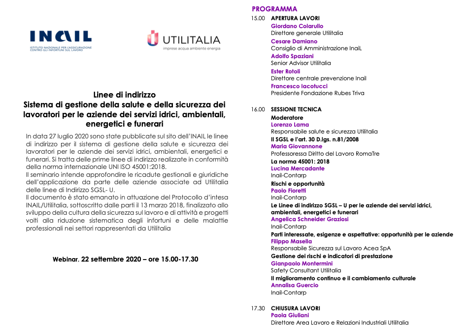 Linee di indirizzo: Sistema di gestione della salute e della sicurezza dei lavoratori per le aziende dei servizi idrici, ambientali, energetici e funerari